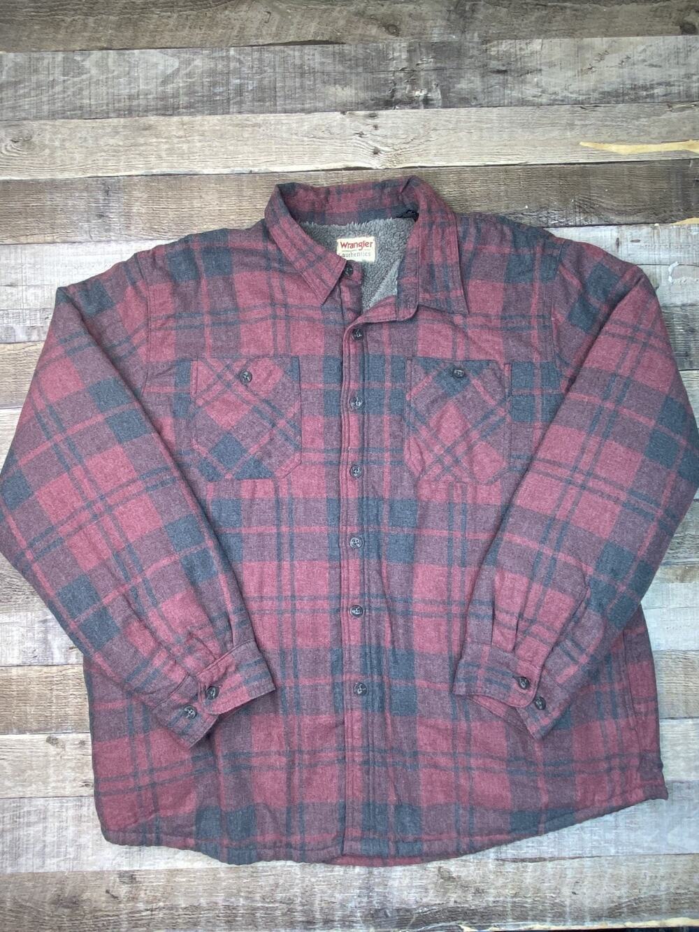 Wrangler Men's Sherpa Fleece Lined Flannel Button Shirt Jacket Shacket 2XL Red